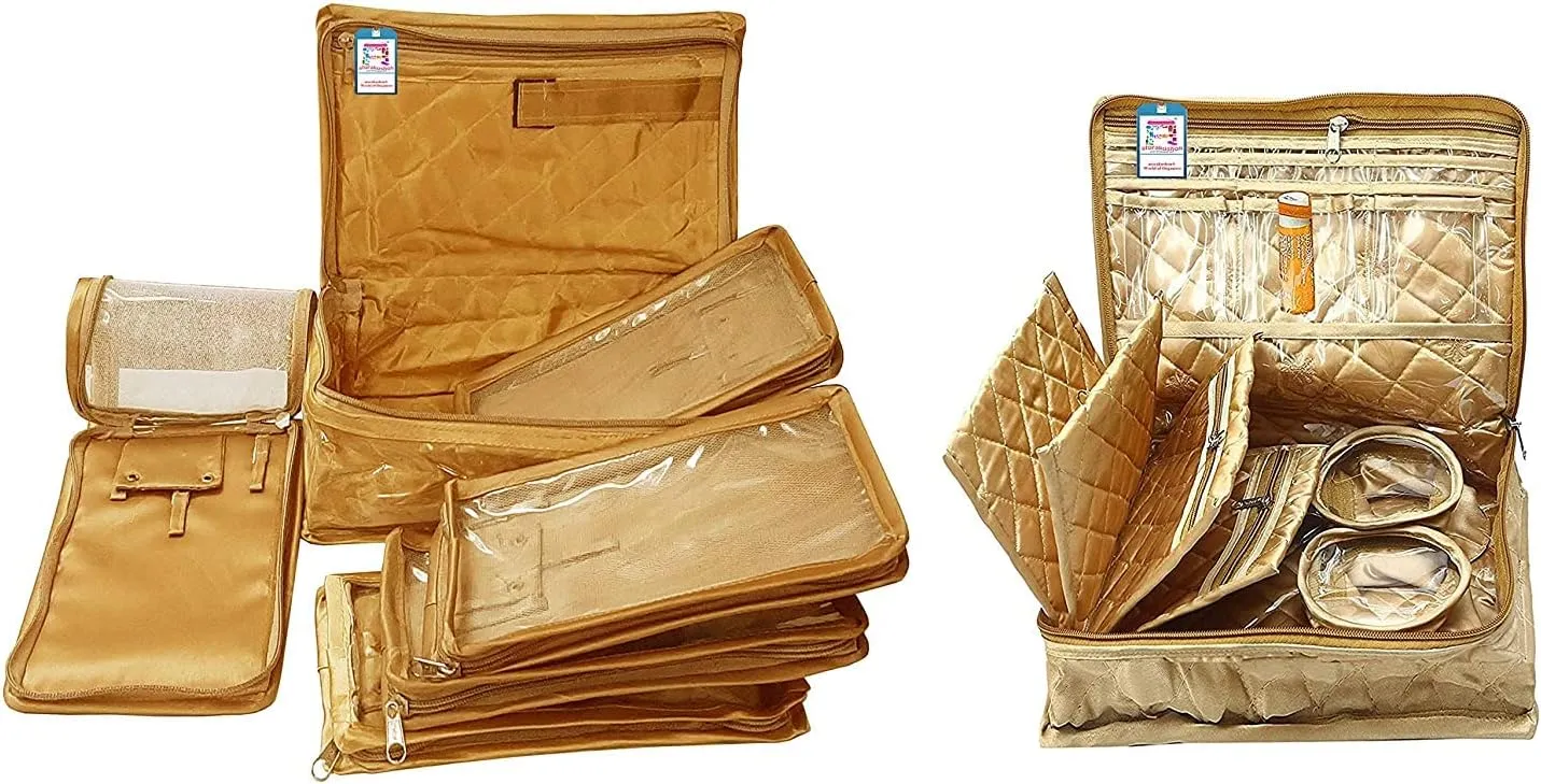 Combo Satin Makeup Pouches Vanity Jewellery Traveling Organizer Storage Box Cosmetic carry it along anywhere easily For Women Golden
