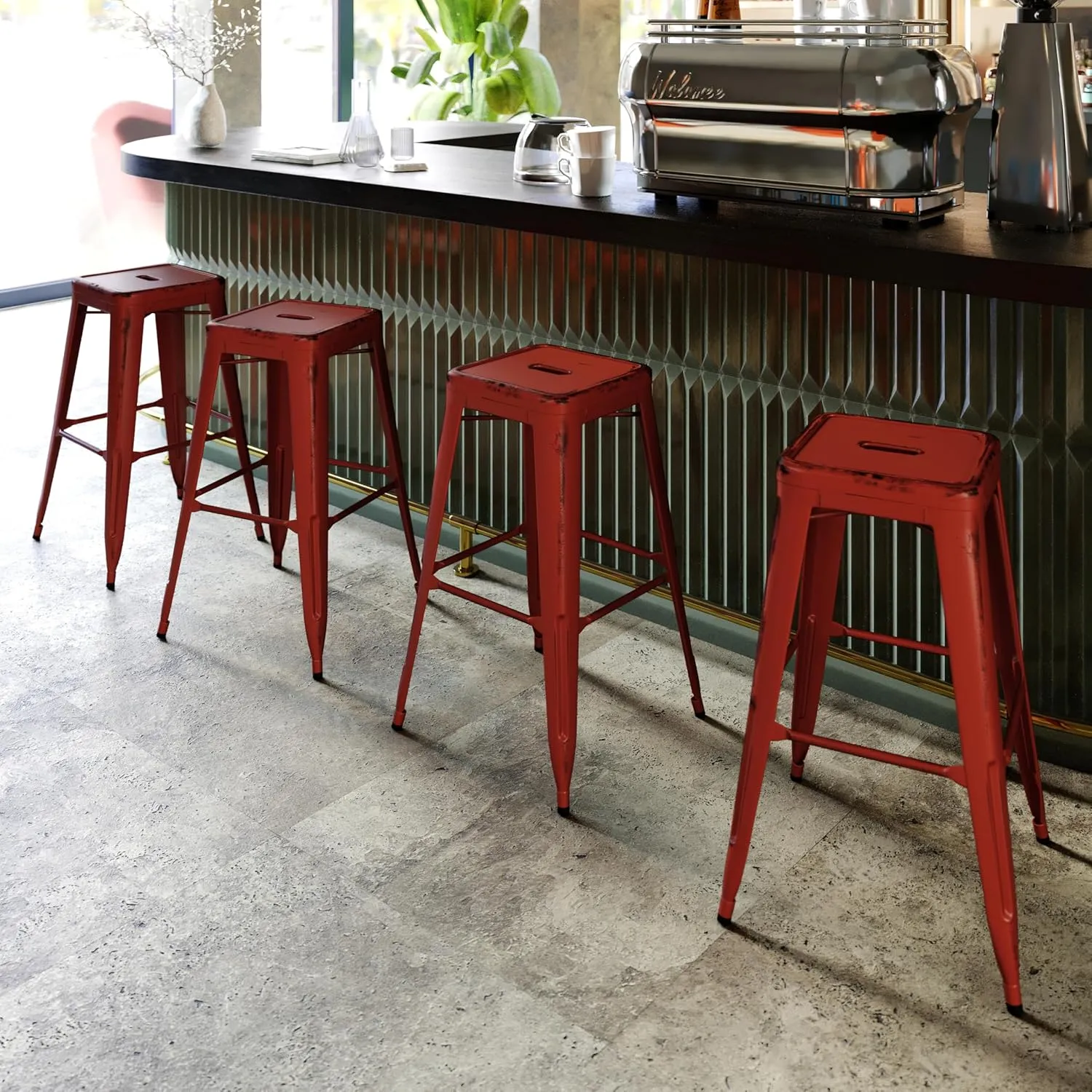 Commercial Grade 30" H Backless Distressed Red Metal Indoor-Outdoor Barstool