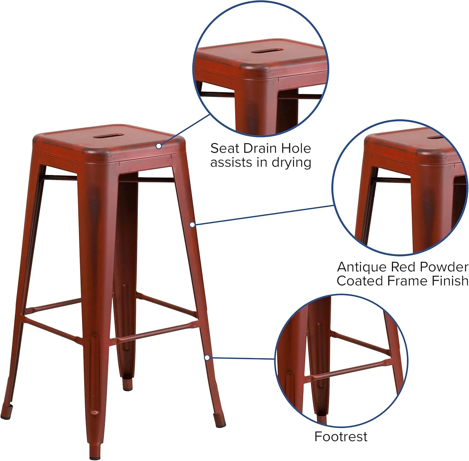 Commercial Grade 30" H Backless Distressed Red Metal Indoor-Outdoor Barstool