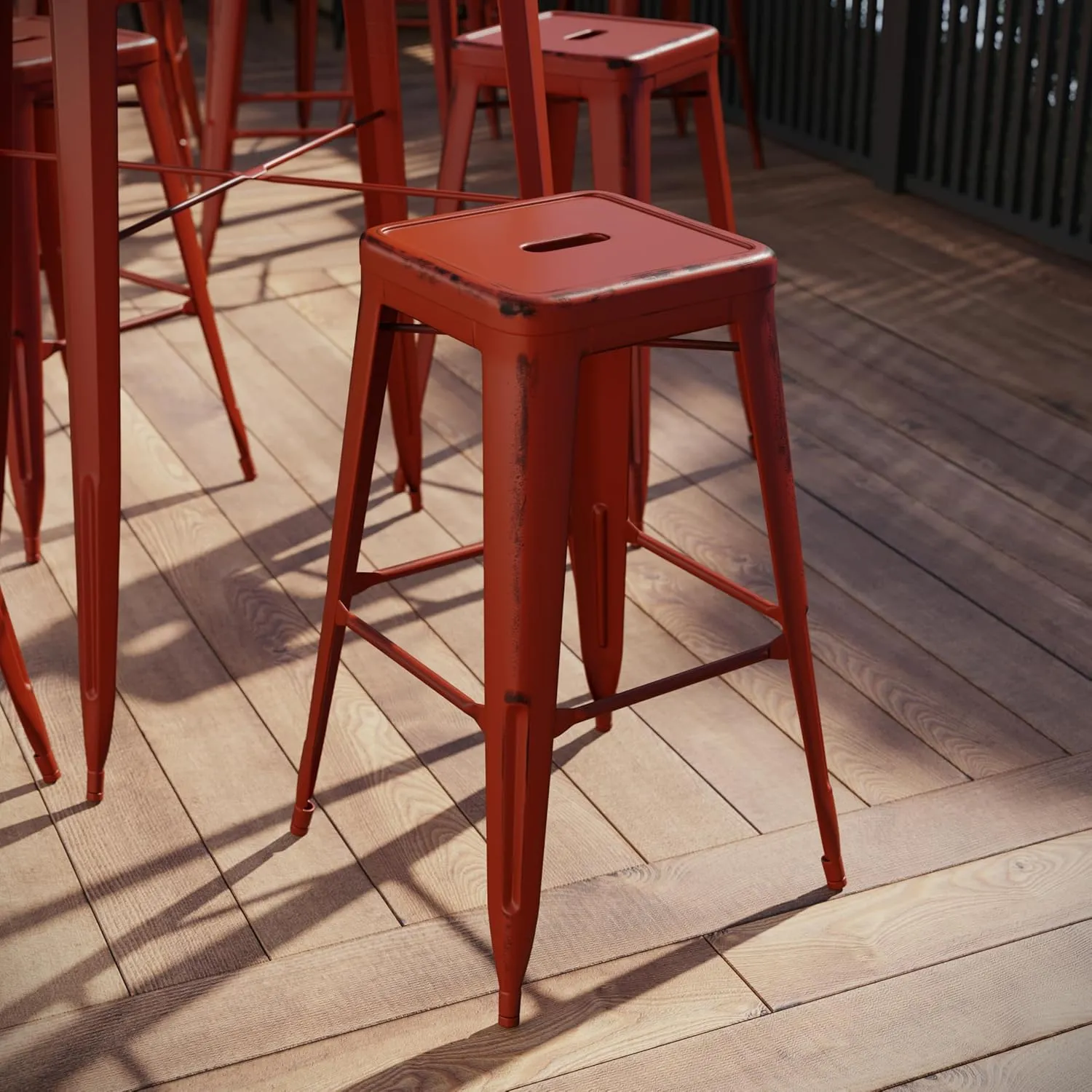 Commercial Grade 30" H Backless Distressed Red Metal Indoor-Outdoor Barstool