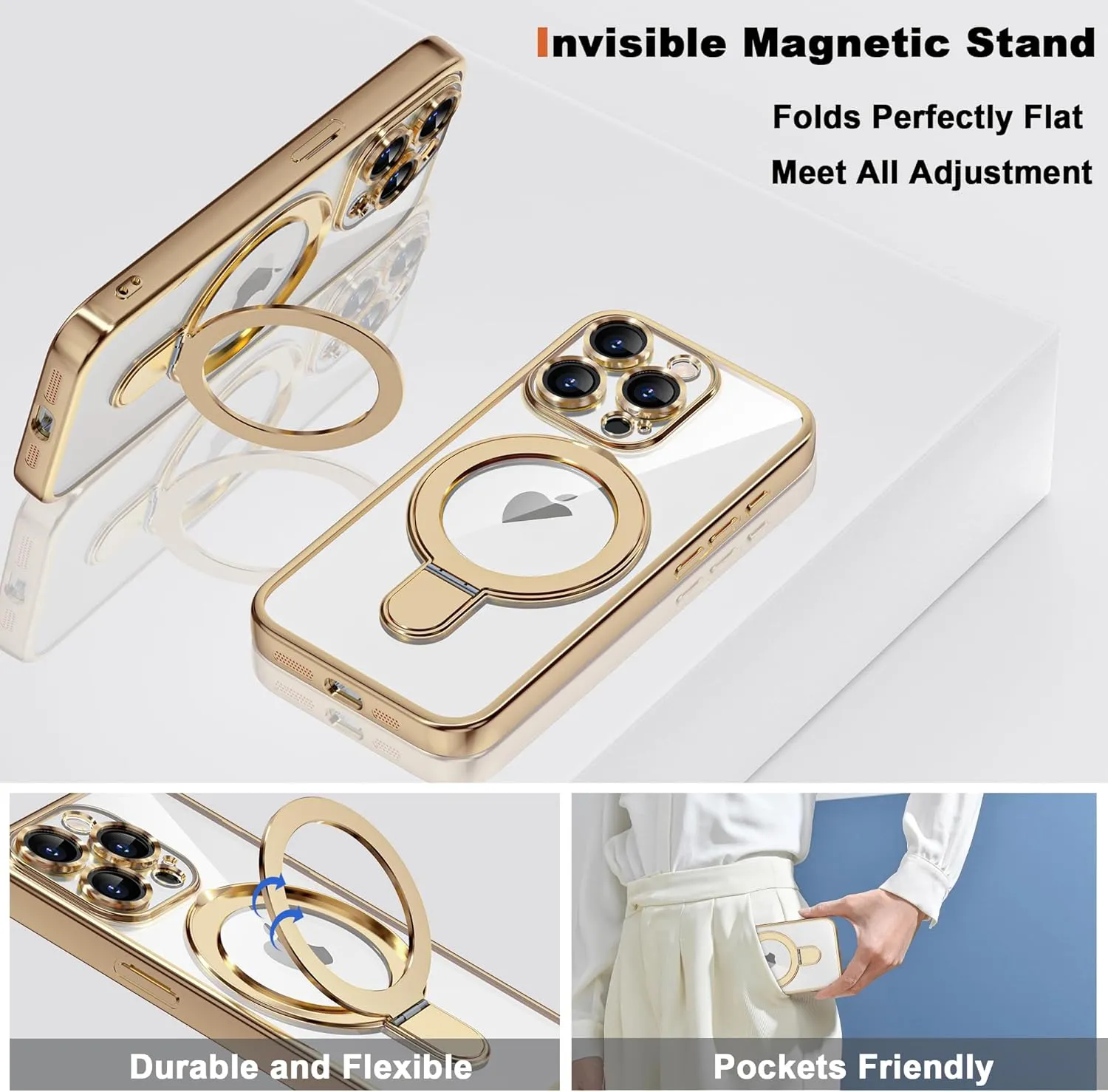 Compatible with iPhone 15 Pro Max Case with Invisible Magnetic Ring Stand [Compatible with Mag-Safe] [Full Camera Lens Protector] Plating Clear Phone Case for iPhone 15 Pro Max 6.7", Gold