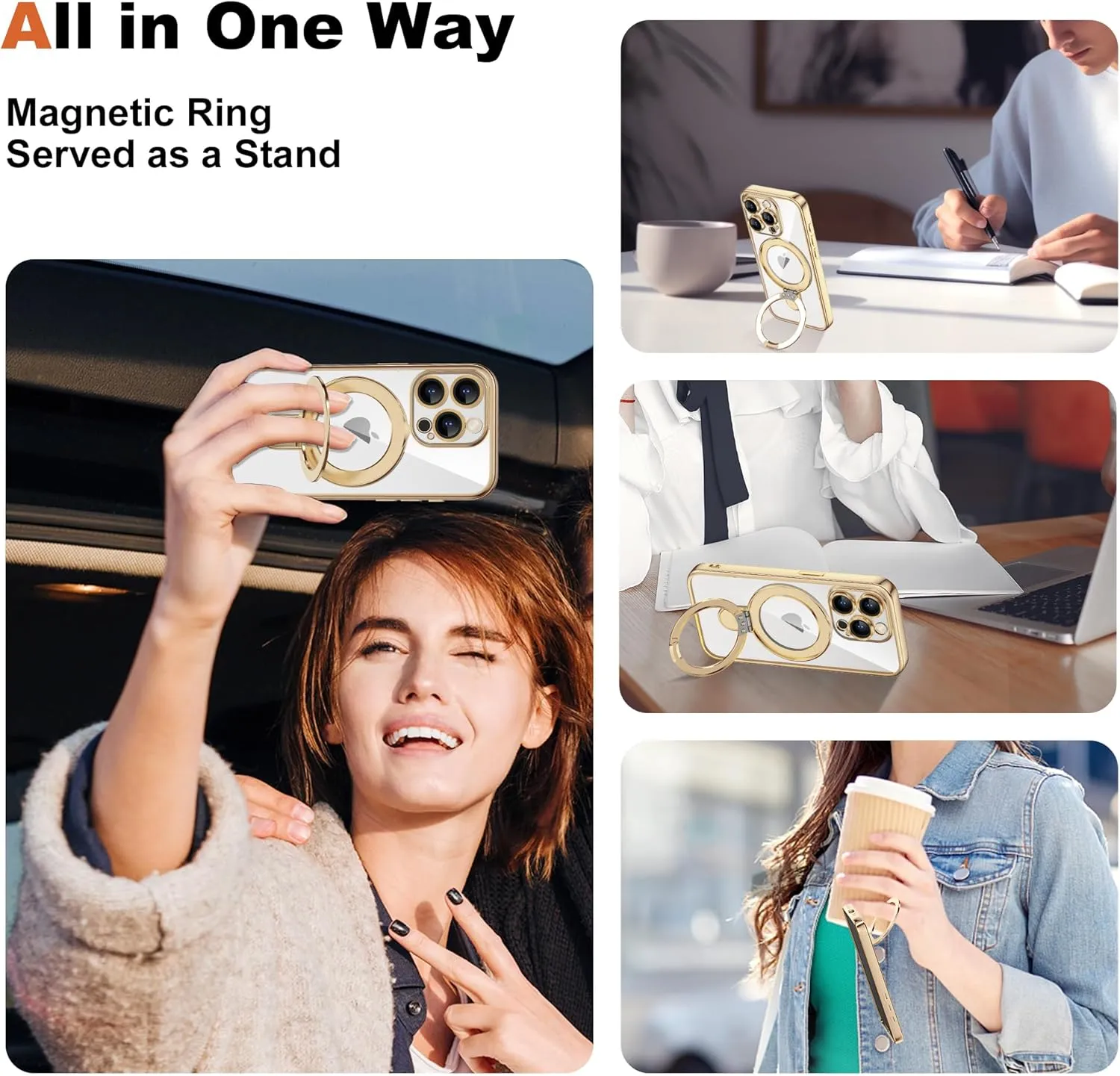 Compatible with iPhone 15 Pro Max Case with Invisible Magnetic Ring Stand [Compatible with Mag-Safe] [Full Camera Lens Protector] Plating Clear Phone Case for iPhone 15 Pro Max 6.7", Gold