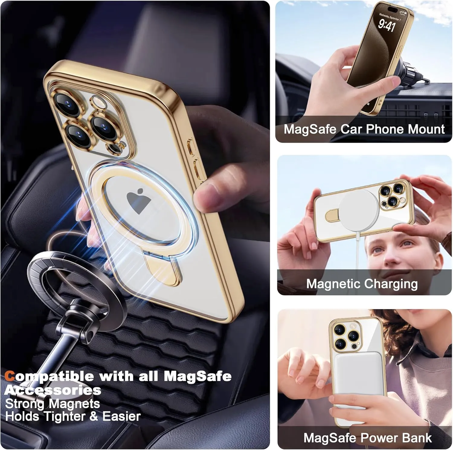 Compatible with iPhone 15 Pro Max Case with Invisible Magnetic Ring Stand [Compatible with Mag-Safe] [Full Camera Lens Protector] Plating Clear Phone Case for iPhone 15 Pro Max 6.7", Gold
