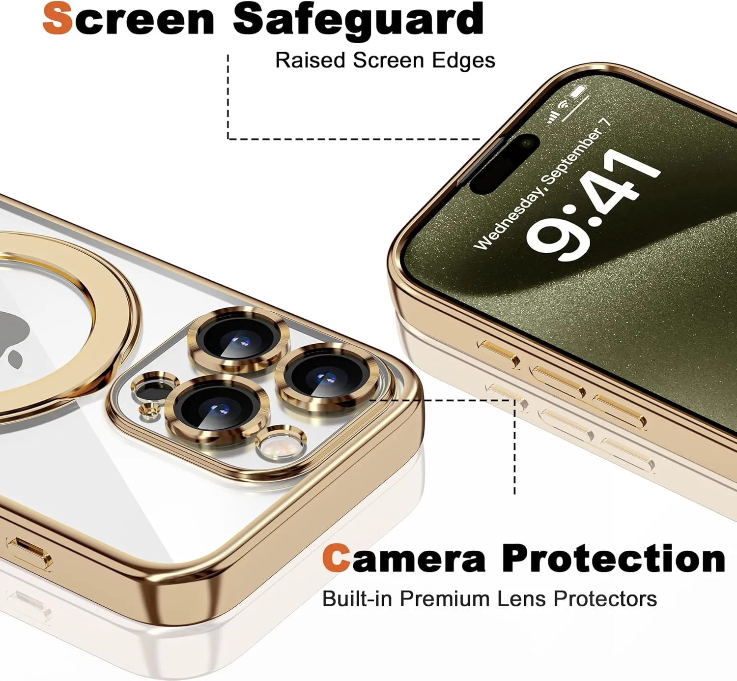 Compatible with iPhone 15 Pro Max Case with Invisible Magnetic Ring Stand [Compatible with Mag-Safe] [Full Camera Lens Protector] Plating Clear Phone Case for iPhone 15 Pro Max 6.7", Gold