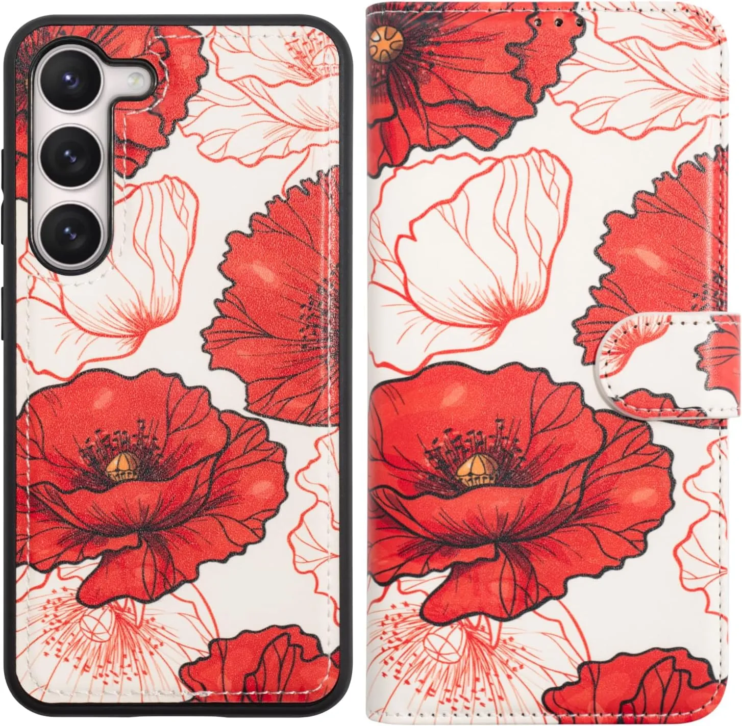 Compatible with Samsung Galaxy S23 Wallet Case - Detachable Flip Folio Leather Kickstand Cover - 4 Card Slots Holder -Fashion Protective Phone Case 6.1" for Mens Women Girls,Red White Flowers