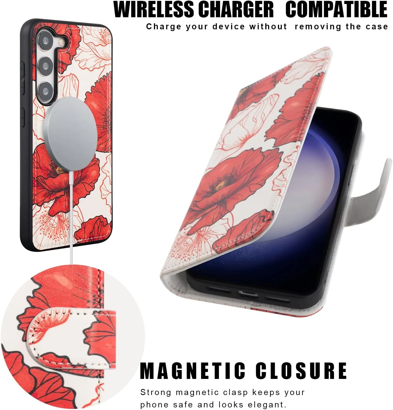 Compatible with Samsung Galaxy S23 Wallet Case - Detachable Flip Folio Leather Kickstand Cover - 4 Card Slots Holder -Fashion Protective Phone Case 6.1" for Mens Women Girls,Red White Flowers