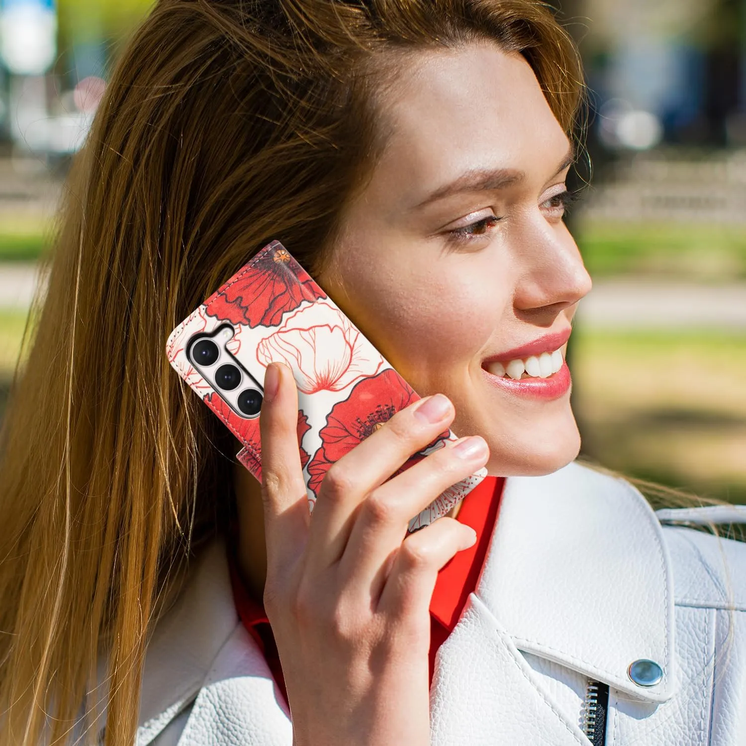Compatible with Samsung Galaxy S23 Wallet Case - Detachable Flip Folio Leather Kickstand Cover - 4 Card Slots Holder -Fashion Protective Phone Case 6.1" for Mens Women Girls,Red White Flowers
