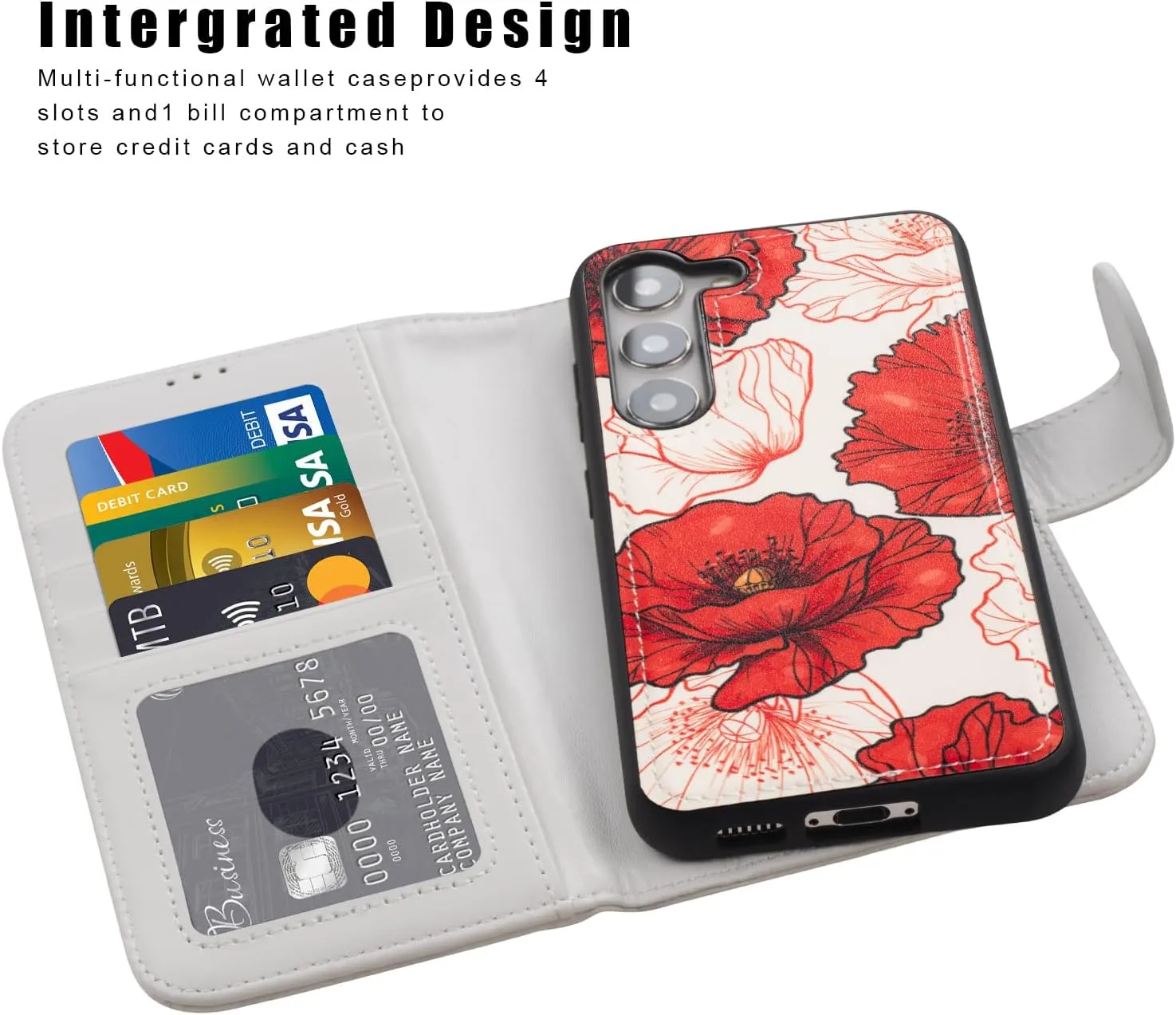 Compatible with Samsung Galaxy S23 Wallet Case - Detachable Flip Folio Leather Kickstand Cover - 4 Card Slots Holder -Fashion Protective Phone Case 6.1" for Mens Women Girls,Red White Flowers