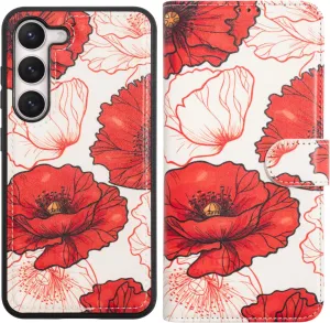 Compatible with Samsung Galaxy S23 Wallet Case - Detachable Flip Folio Leather Kickstand Cover - 4 Card Slots Holder -Fashion Protective Phone Case 6.1" for Mens Women Girls,Red White Flowers