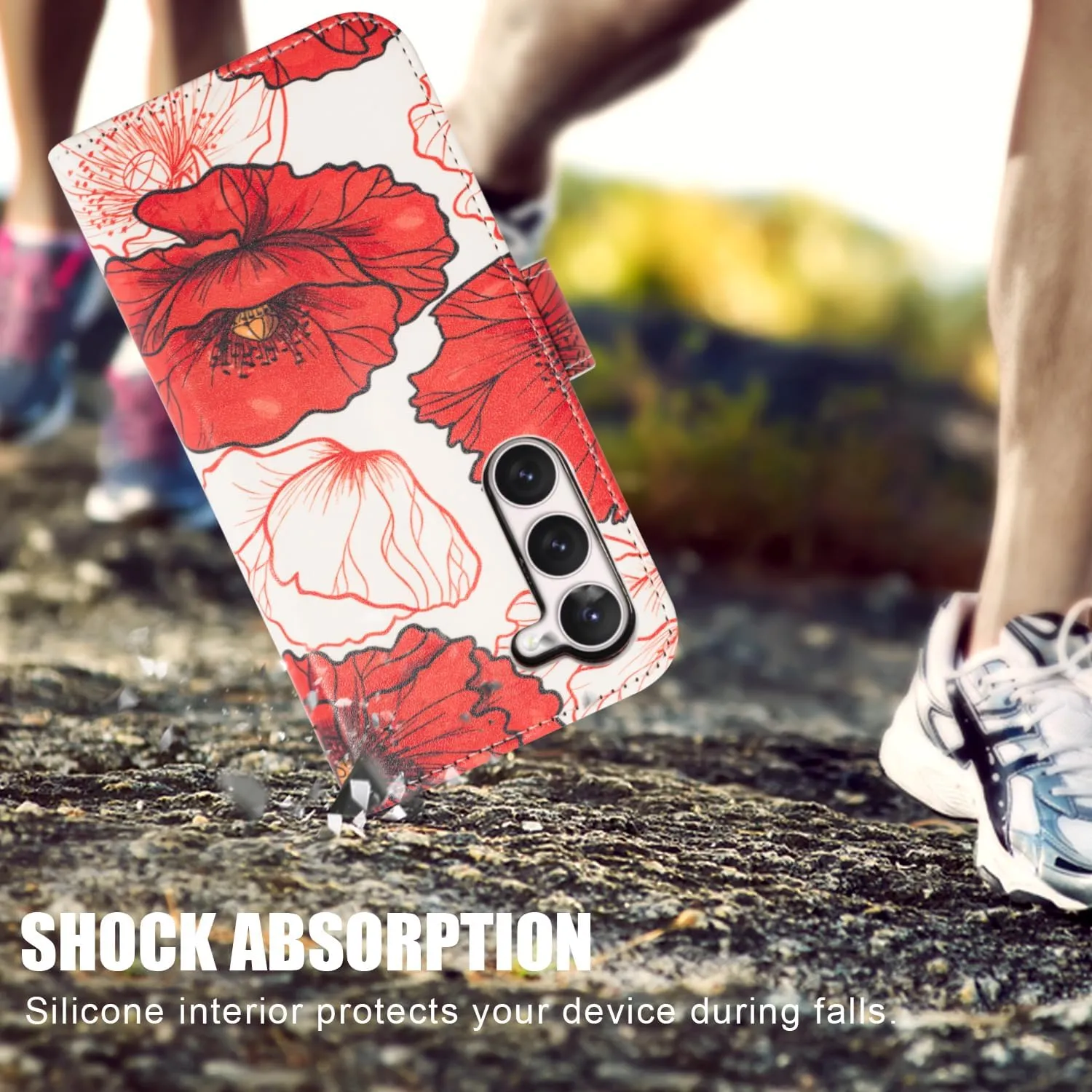 Compatible with Samsung Galaxy S23 Wallet Case - Detachable Flip Folio Leather Kickstand Cover - 4 Card Slots Holder -Fashion Protective Phone Case 6.1" for Mens Women Girls,Red White Flowers