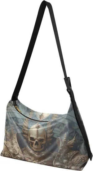 Cool Skull Knight Shoulder Bag Leather Large Capacity Crossbody Bags Purse Zipper Closure with Fabric Strap