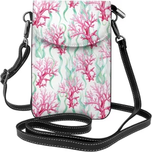 Coral Seaweed Small Crossbody Bags for Women Travel Cell Phone Pouch PU Leather Cross Body Bag Adjustable Shoulder Strap Phone Purses Lightweight Wallet Purse with Credit Card Slots