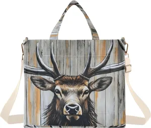 Corduroy Tote Bag Elk Portrait Retro Board for Women Large Shoulder Bag with Pockets for Beach Work Travel Shopping S