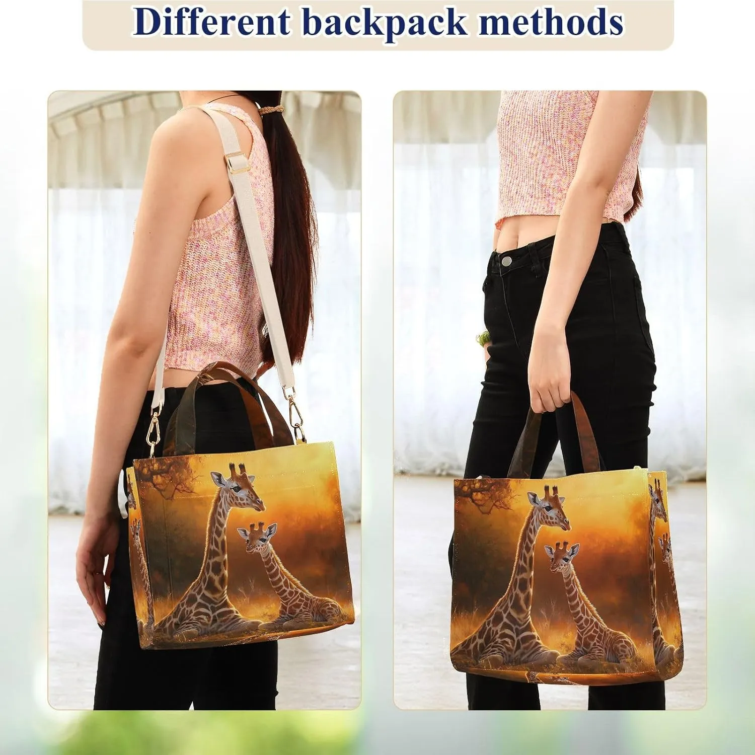 Corduroy Tote Bag Giraffe Family Grassland for Women Large Shoulder Bag with Pockets for Beach Work Travel Shopping S