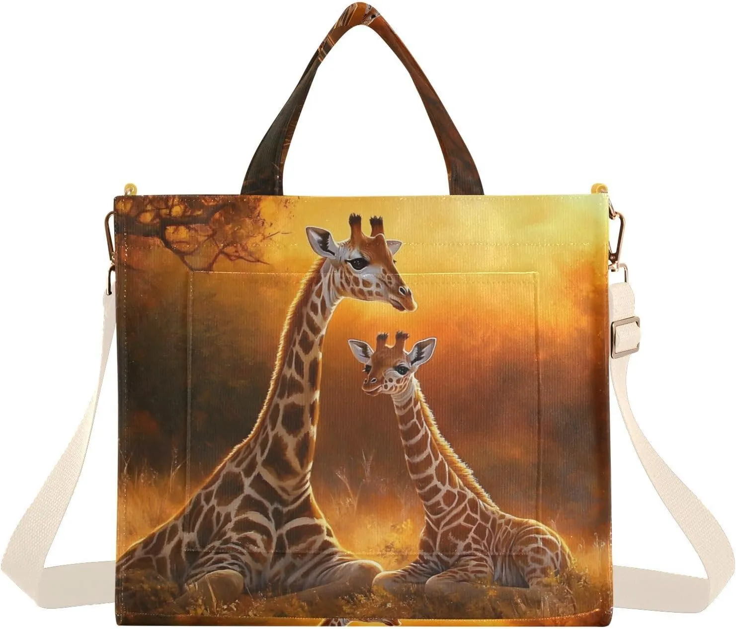 Corduroy Tote Bag Giraffe Family Grassland for Women Large Shoulder Bag with Pockets for Beach Work Travel Shopping S