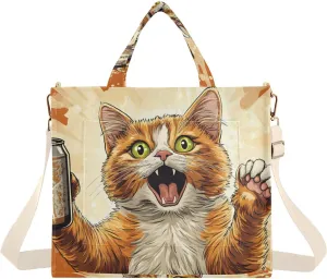 Corduroy Tote Bag Soda Cat Funny for Women Large Shoulder Bag with Pockets for Beach Work Travel Shopping S