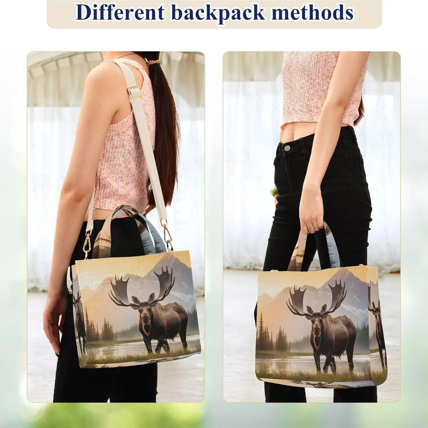 Corduroy Tote Bag Sunrise Moose Landscape for Women Large Shoulder Bag with Pockets for Beach Work Travel Shopping S
