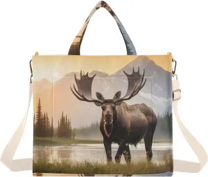 Corduroy Tote Bag Sunrise Moose Landscape for Women Large Shoulder Bag with Pockets for Beach Work Travel Shopping S