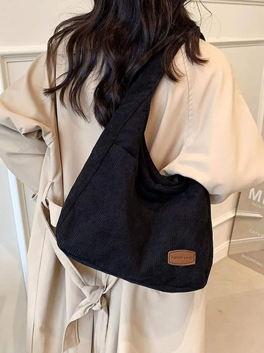 Corduroy Tote Bag Unisex Retro Handbag Multi Pocket Shoulder Work College Satchel Compartment Messenger Purse