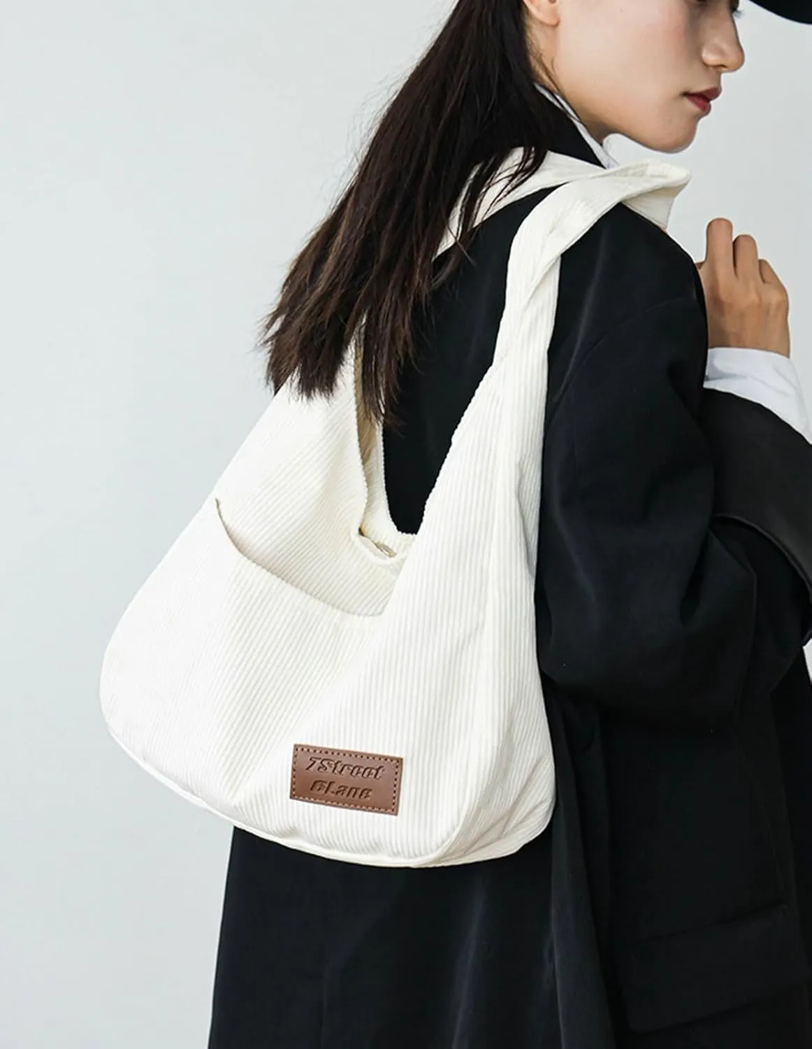 Corduroy Tote Bag Unisex Retro Handbag Multi Pocket Shoulder Work College Satchel Compartment Messenger Purse