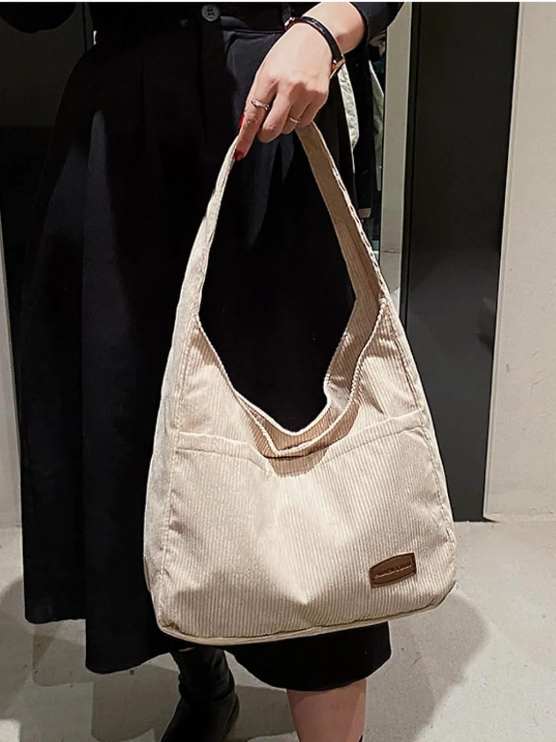 Corduroy Tote Bag Unisex Retro Handbag Multi Pocket Shoulder Work College Satchel Compartment Messenger Purse