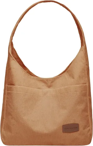 Corduroy Tote Bag Unisex Retro Handbag Multi Pocket Shoulder Work College Satchel Compartment Messenger Purse