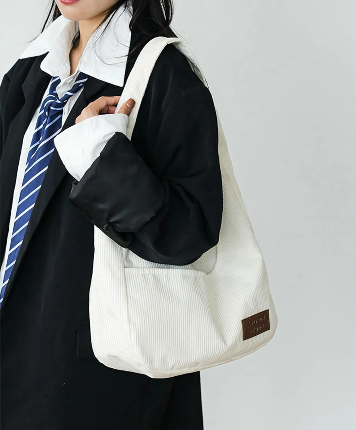 Corduroy Tote Bag Unisex Retro Handbag Multi Pocket Shoulder Work College Satchel Compartment Messenger Purse