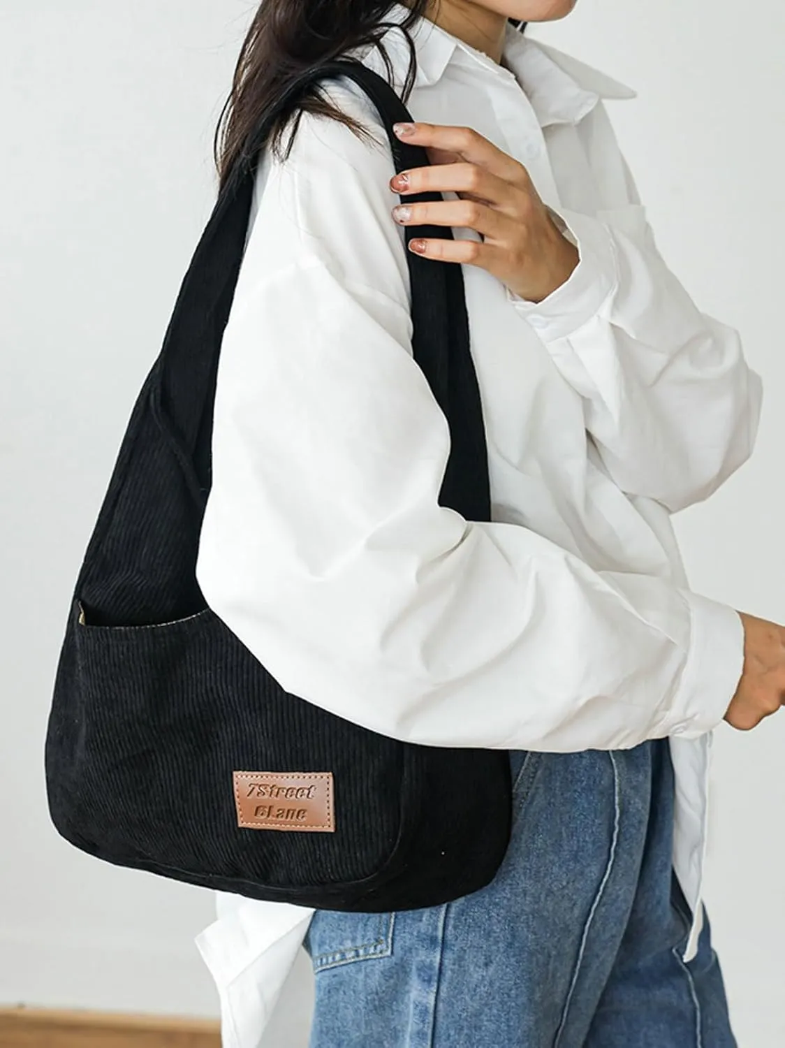 Corduroy Tote Bag Unisex Retro Handbag Multi Pocket Shoulder Work College Satchel Compartment Messenger Purse