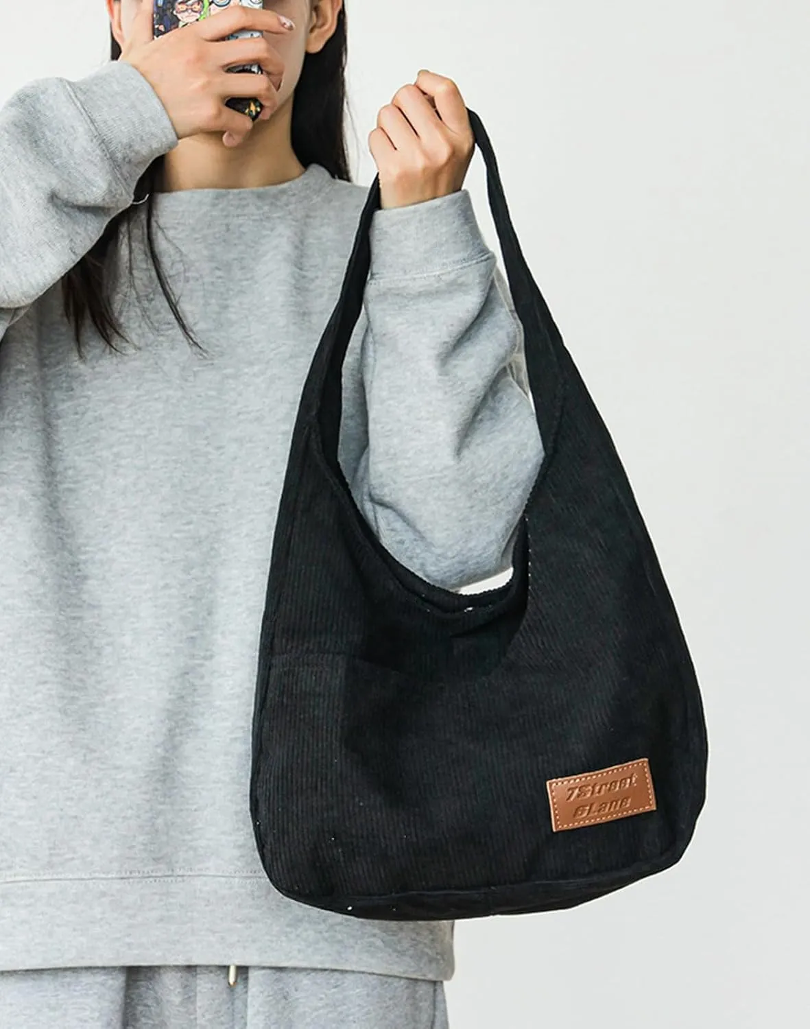Corduroy Tote Bag Unisex Retro Handbag Multi Pocket Shoulder Work College Satchel Compartment Messenger Purse
