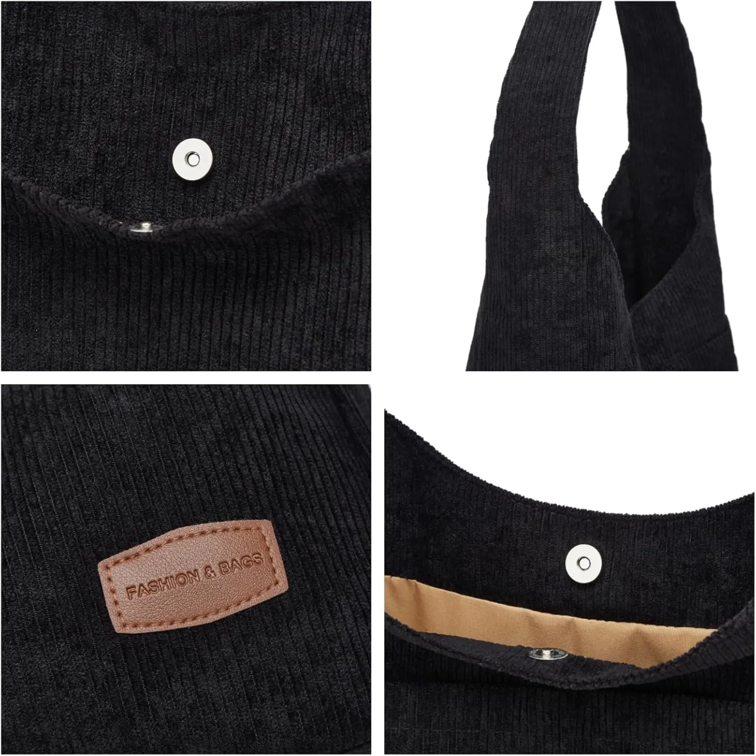 Corduroy Tote Bag Unisex Retro Handbag Multi Pocket Shoulder Work College Satchel Compartment Messenger Purse