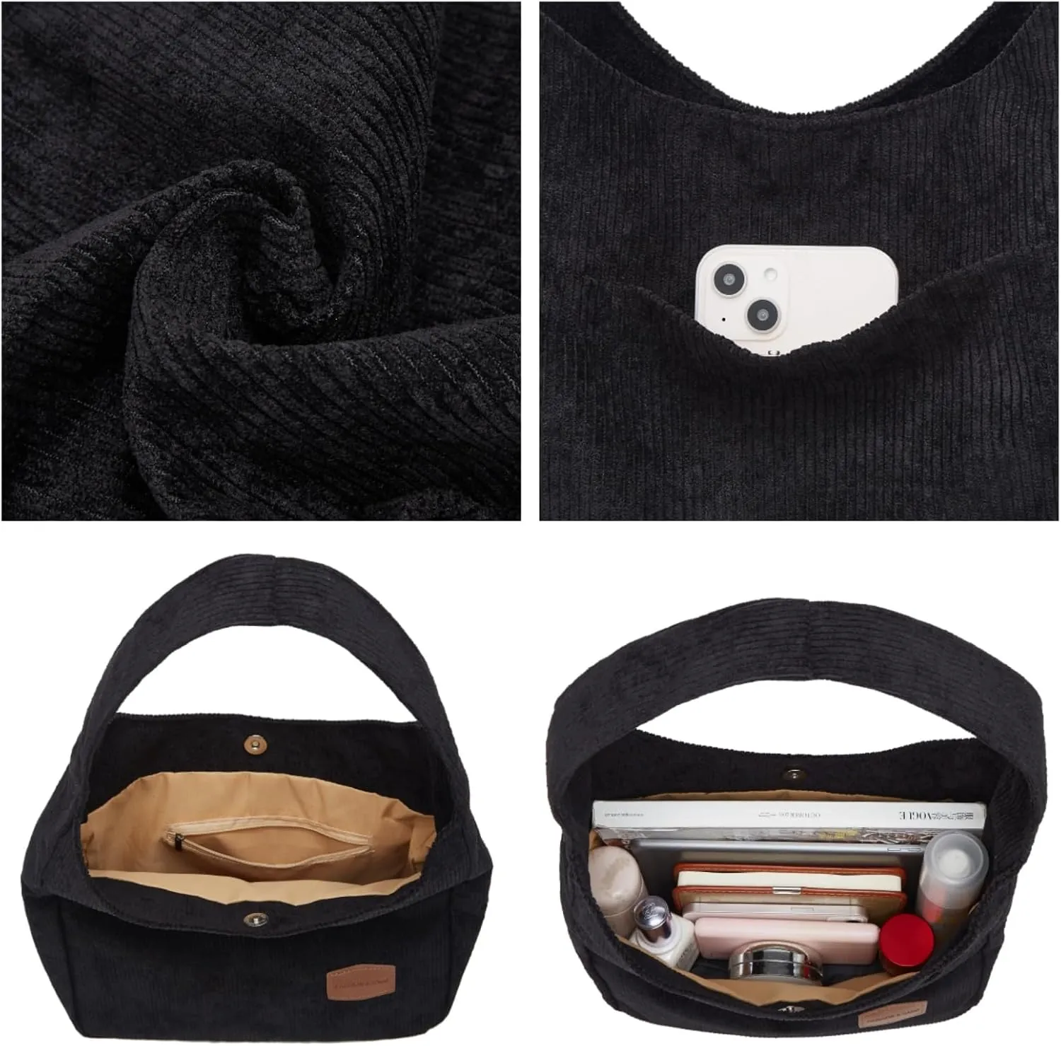 Corduroy Tote Bag Unisex Retro Handbag Multi Pocket Shoulder Work College Satchel Compartment Messenger Purse