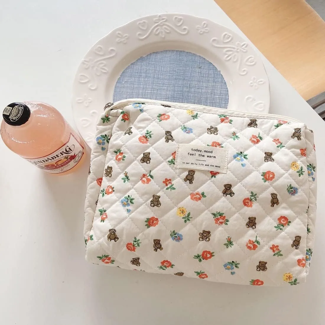 Cosmetic Bags Cotton Makeup Bag Women Large Purse Quilted Pouch Travel Toiletry Storage Make up Brushes Organizer for Gifts (Bear and flower, White)