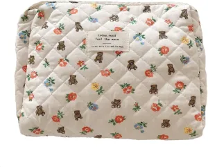 Cosmetic Bags Cotton Makeup Bag Women Large Purse Quilted Pouch Travel Toiletry Storage Make up Brushes Organizer for Gifts (Bear and flower, White)