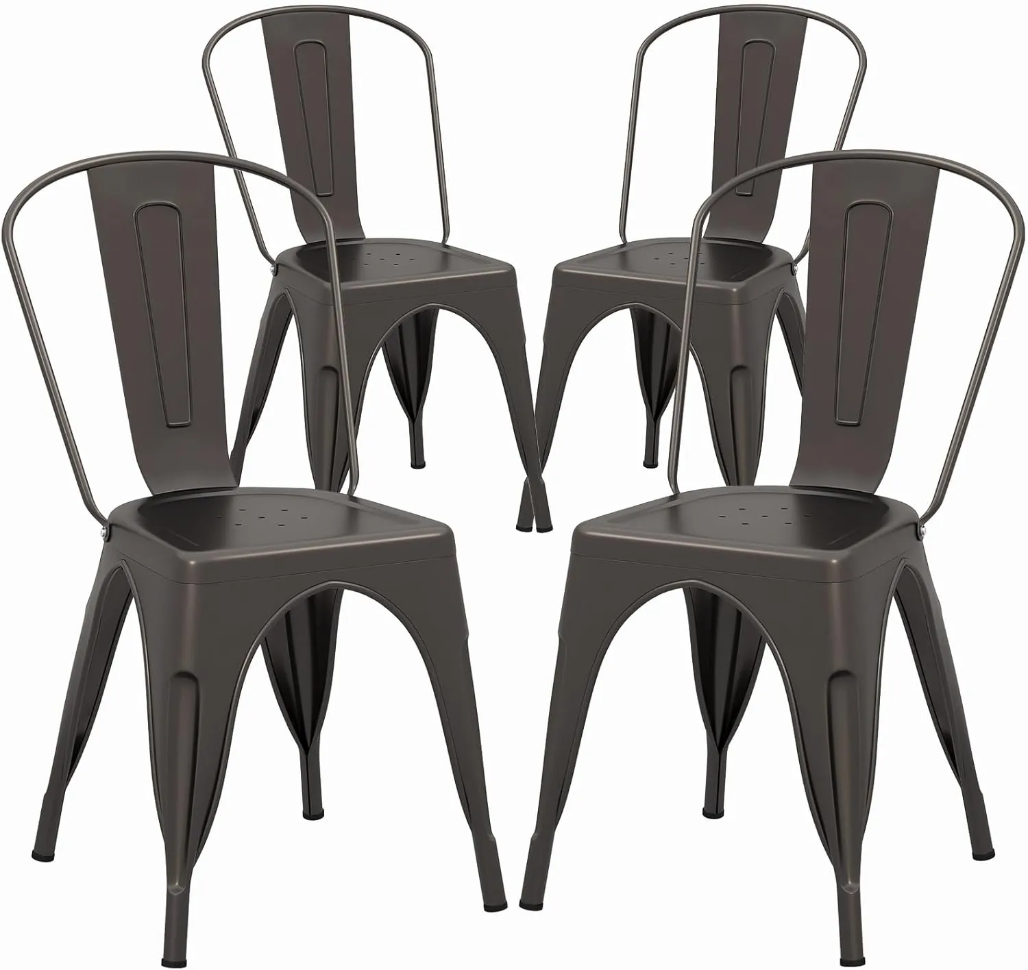 COSTWAY Metal Dining Chairs Set of 4, 18 Inch Stackable Industrial Kitchen Tolix Side Chairs with Detachable High Back for Dining Room, Cafe, Restaurant, Bistro (Bronze)