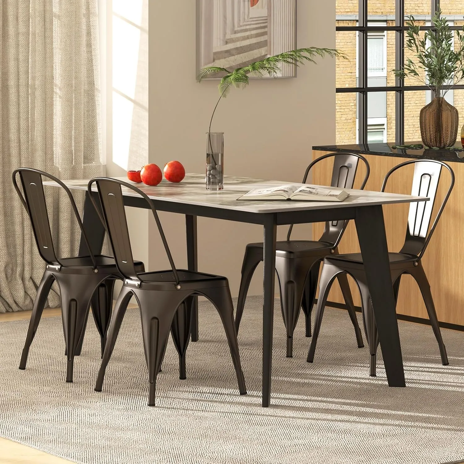 COSTWAY Metal Dining Chairs Set of 4, 18 Inch Stackable Industrial Kitchen Tolix Side Chairs with Detachable High Back for Dining Room, Cafe, Restaurant, Bistro (Bronze)
