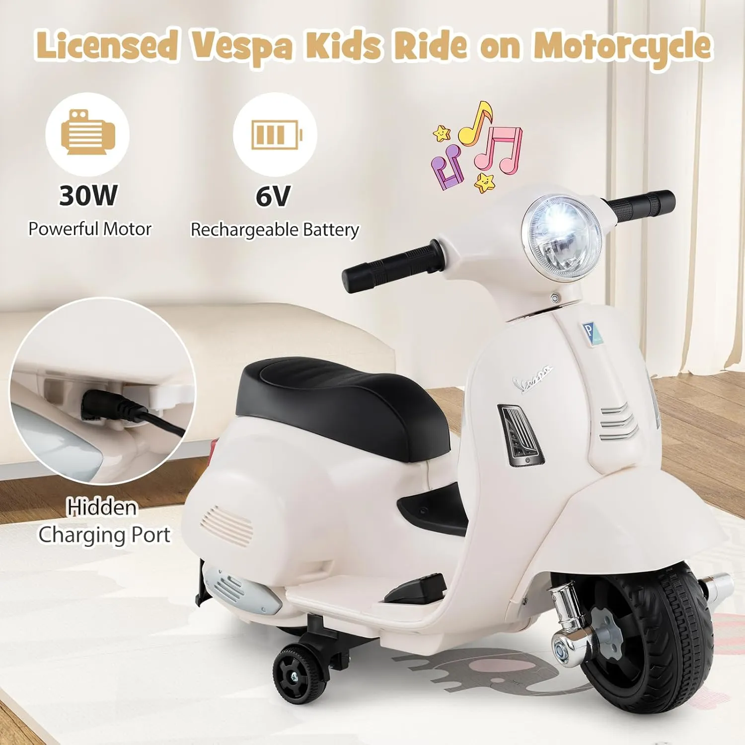 Costzon Toddler Motorcycle, Licensed Vespa Ride on Motorcycle with Training Wheels, LED Headlight & Horn Sound, Ride on Toy, 6V Battery Powered Motorbike, Gift for Boys & Girls, 1-3 Toddlers (White)