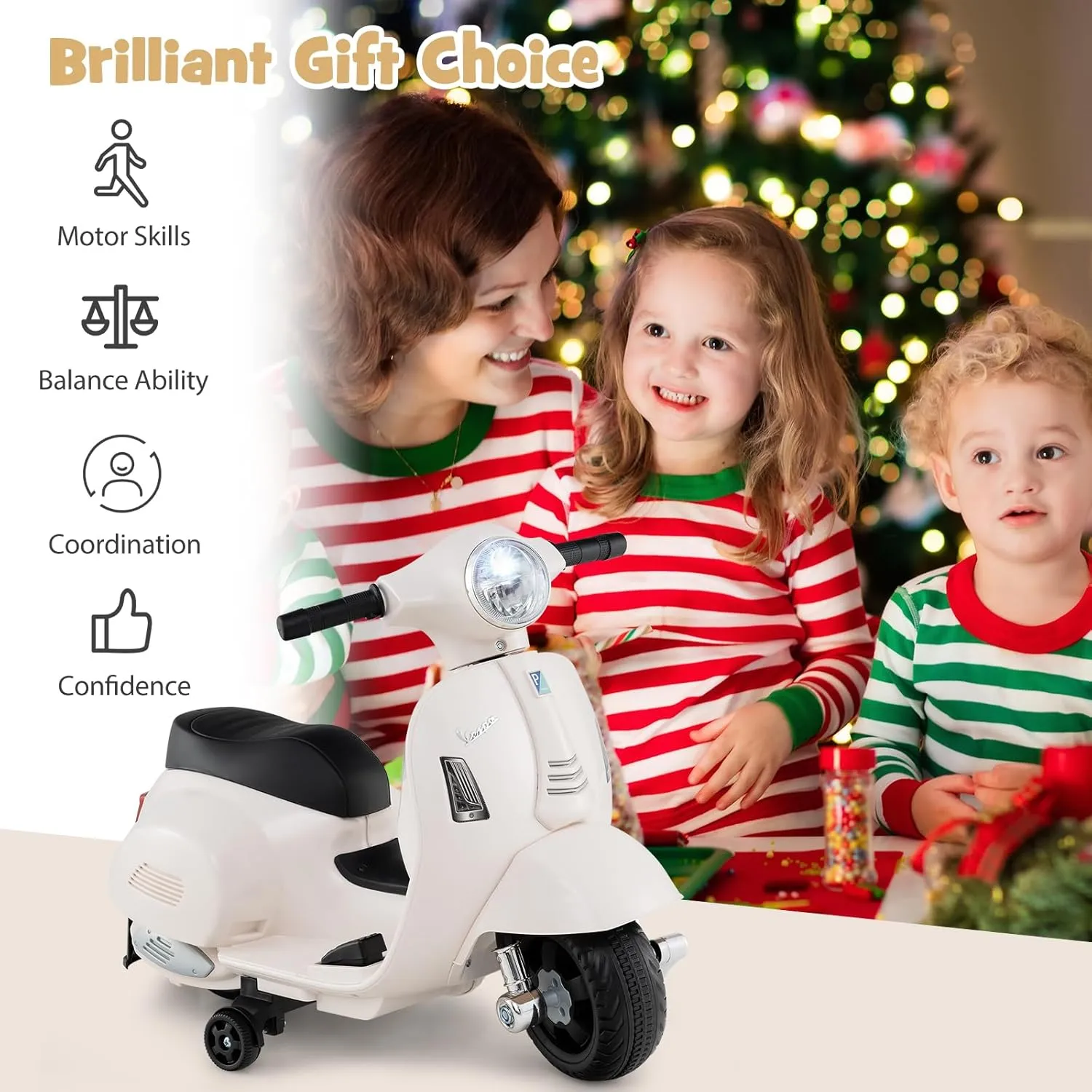 Costzon Toddler Motorcycle, Licensed Vespa Ride on Motorcycle with Training Wheels, LED Headlight & Horn Sound, Ride on Toy, 6V Battery Powered Motorbike, Gift for Boys & Girls, 1-3 Toddlers (White)