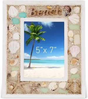 CoTa Global Oceanic 5x7 Beach Picture Frame - Beautiful Decor Accent Seashell Photo Frame for Summer Vacation Memory, Handmade - For Tabletop or Wall Hang - 11 Inch