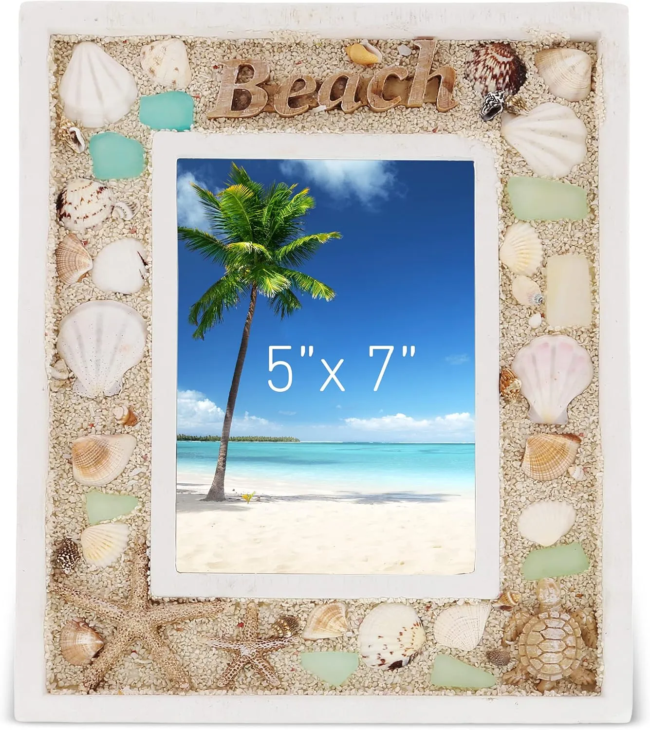 CoTa Global Oceanic 5x7 Beach Picture Frame - Beautiful Decor Accent Seashell Photo Frame for Summer Vacation Memory, Handmade - For Tabletop or Wall Hang - 11 Inch