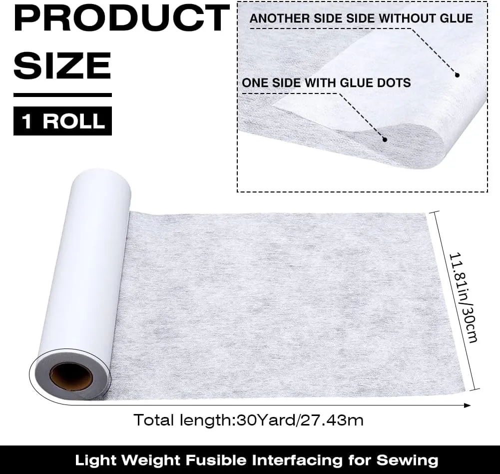 CRASPIRE Iron on Non Woven Fusible Interfacing Fabric Medium Weight Single Sided Polyester for Sewing DIY Craft Supplies Quilting Fabric Applique Plackets Shirt Dresses Collars Cuffs 30YdsX11.8In