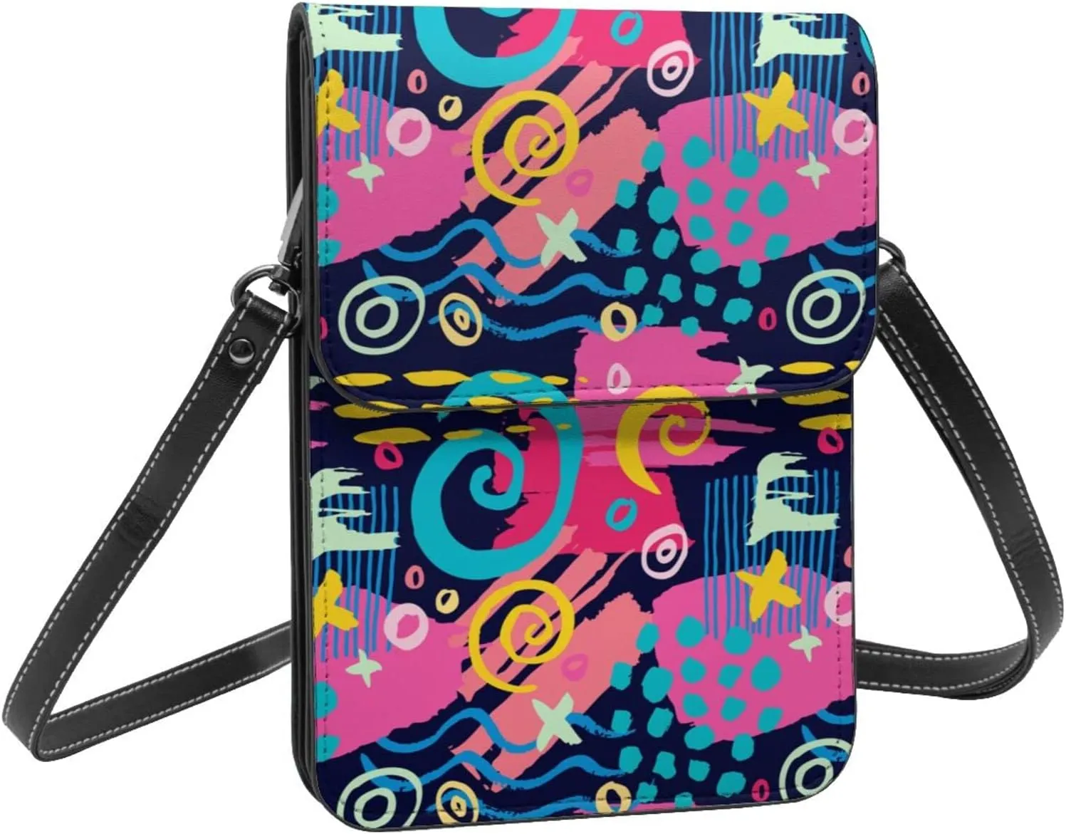 Creative Geometric Fashion Doodle Paint Crossbody Cell Phone Purse for Womens Lightweight Small Soft Leather Fashion Travel Wallet with Adjustable Strap