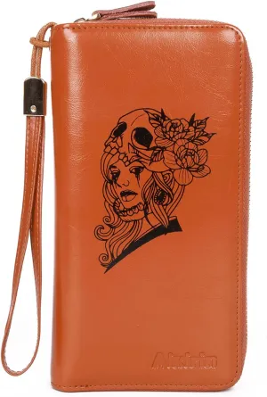 Creative Women Leather Wallet RFID Blocking Zipper Wristlet Clutch Cards Holder with Phone Pocket (brown-skull beauty)