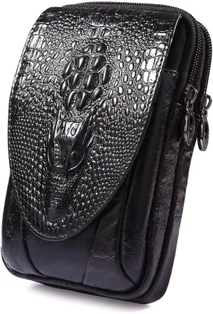 Crocodile Leather Phone Belt Bag Waist Pack for Men Travel Outdoor Casual Cellphone Loop Holster Case Money Coin Mini Pouch Purse Wallet Black