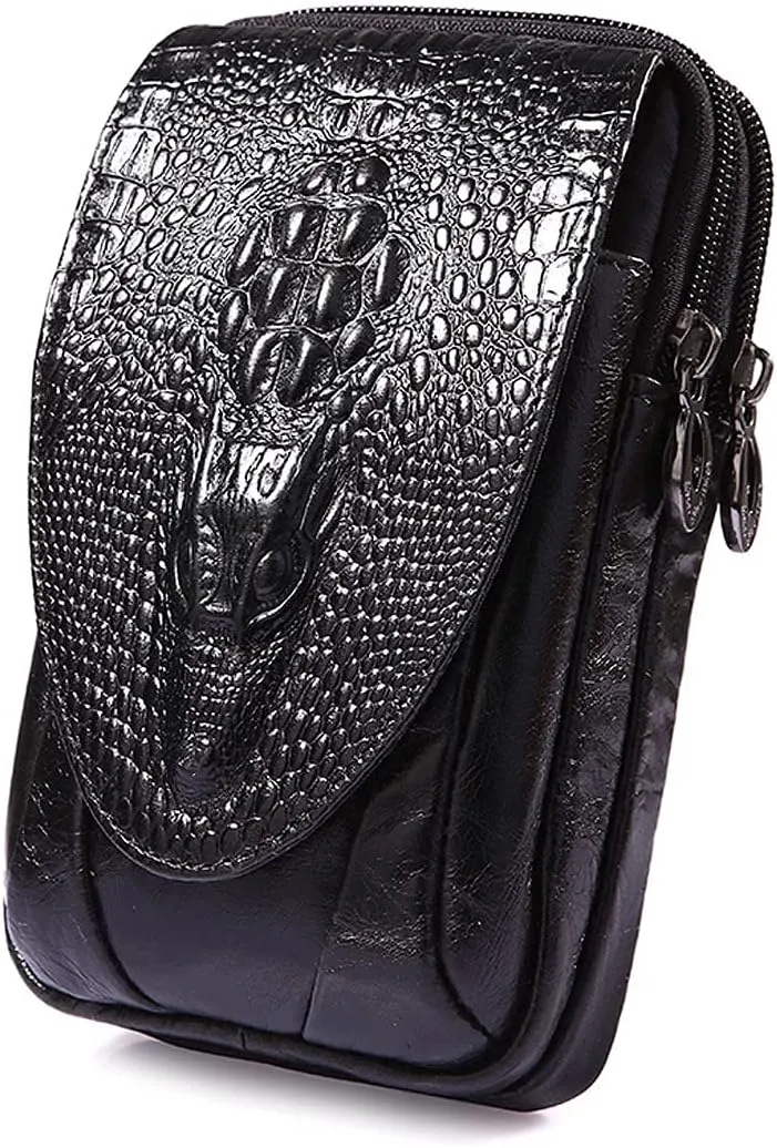 Crocodile Leather Phone Belt Bag Waist Pack for Men Travel Outdoor Casual Cellphone Loop Holster Case Money Coin Mini Pouch Purse Wallet Black