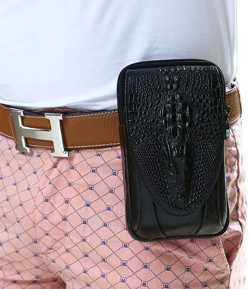 Crocodile Leather Phone Belt Bag Waist Pack for Men Travel Outdoor Casual Cellphone Loop Holster Case Money Coin Mini Pouch Purse Wallet Black