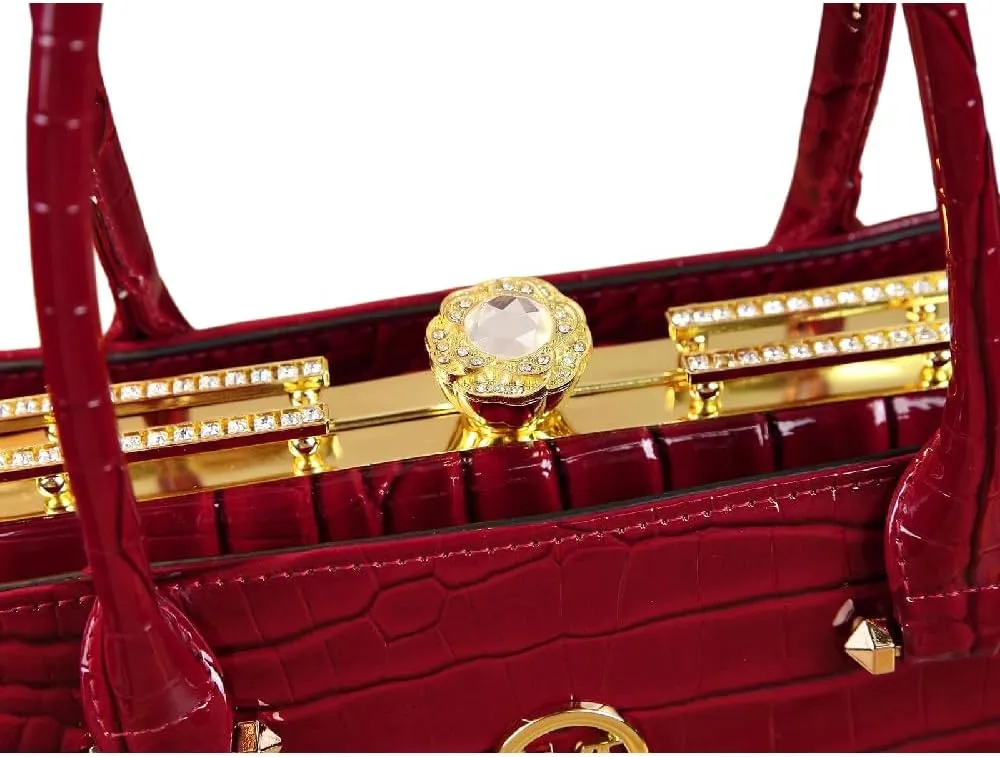 Crocodile Pattern Leather Women Bag Diamonds Flower Clip Purse Top Handle Satchel Crossbody Handbag Evening Bag Shoulder Bags