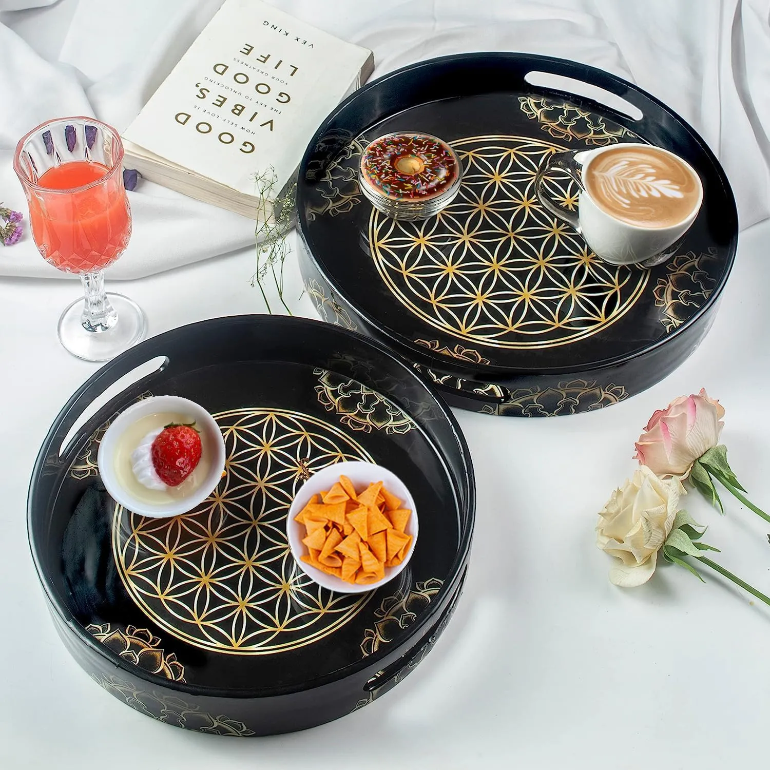 Crocon Round Wooden Serving Trays with Handles – Set of 2 Modern Ottoman Trays for Tea Breakfast Kitchen Bathroom and Bedroom Décor