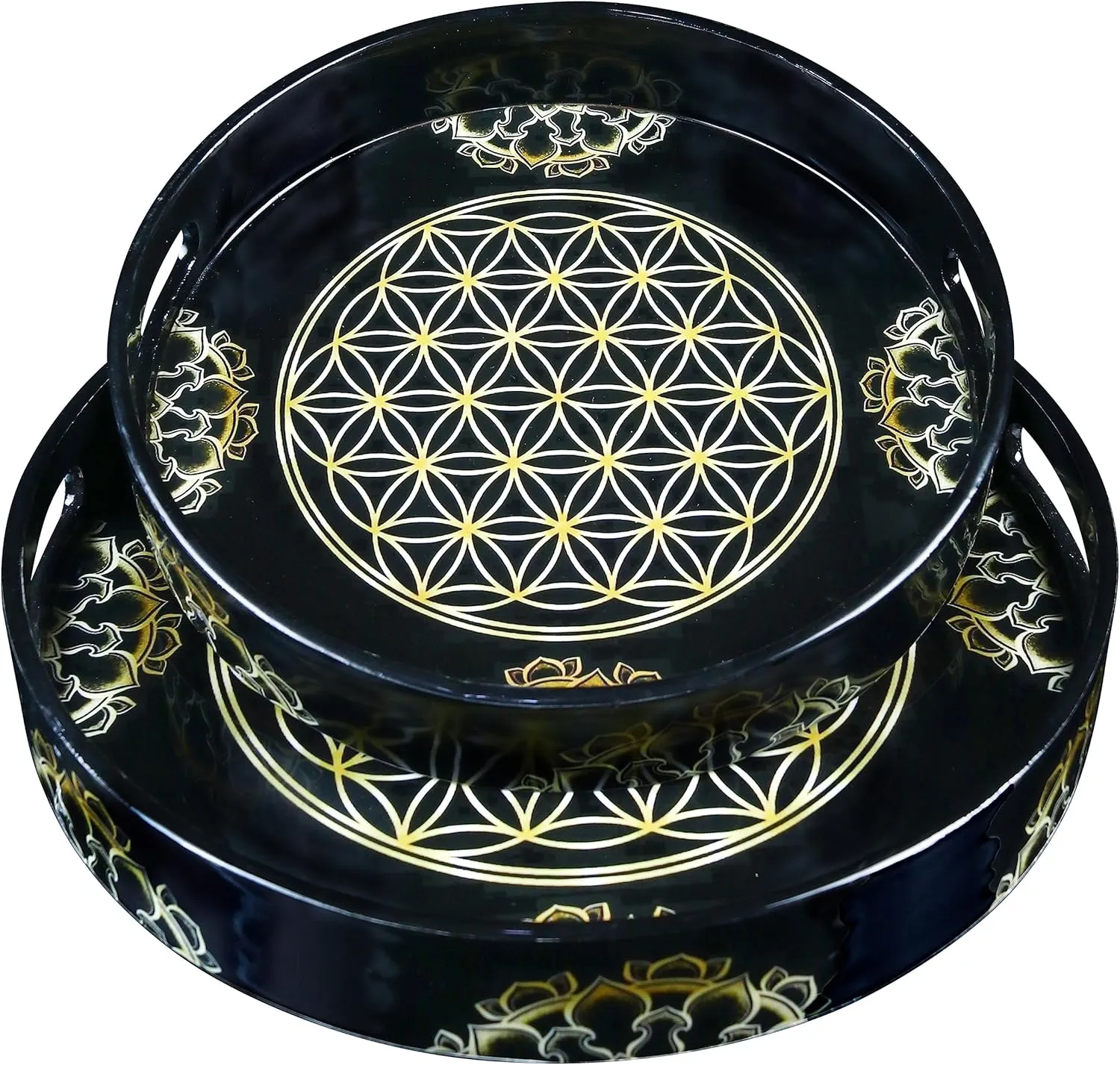 Crocon Round Wooden Serving Trays with Handles – Set of 2 Modern Ottoman Trays for Tea Breakfast Kitchen Bathroom and Bedroom Décor