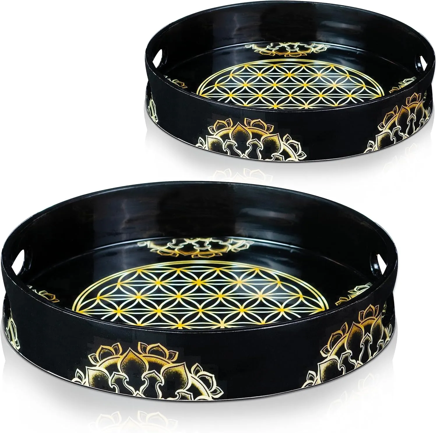 Crocon Round Wooden Serving Trays with Handles – Set of 2 Modern Ottoman Trays for Tea Breakfast Kitchen Bathroom and Bedroom Décor