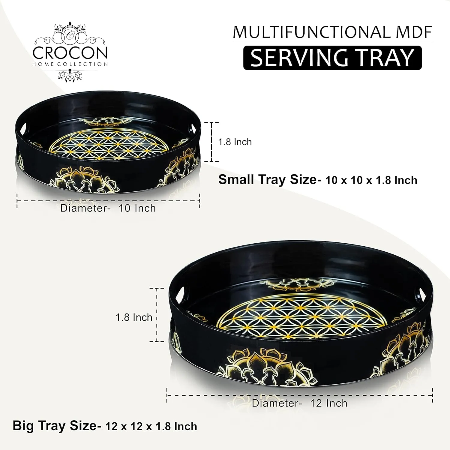 Crocon Round Wooden Serving Trays with Handles – Set of 2 Modern Ottoman Trays for Tea Breakfast Kitchen Bathroom and Bedroom Décor